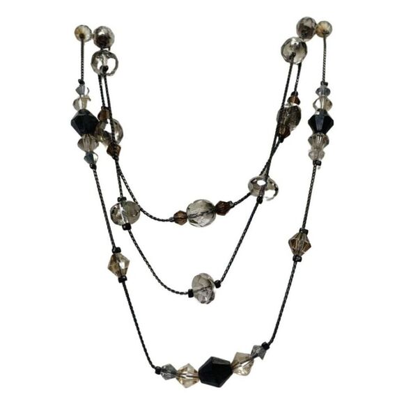 Vintage Faceted Shimmering Glass Beaded Gun Metal Multi 3 Tier Necklace 18” - Picture 5 of 7